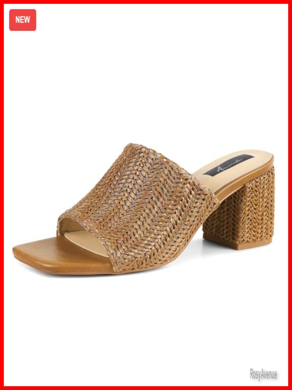 Women's Raffia Woven Square Toe Slip On Heeled Sandals Chunky Block Heel Slide